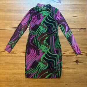 PrettyLittleThing abstract sheer‎ long sleeve bodycon turtleneck dress SIZE 10